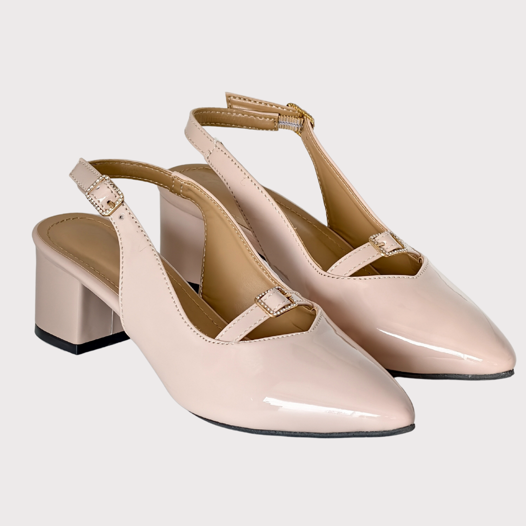 Glossy Nude Buckle Heels