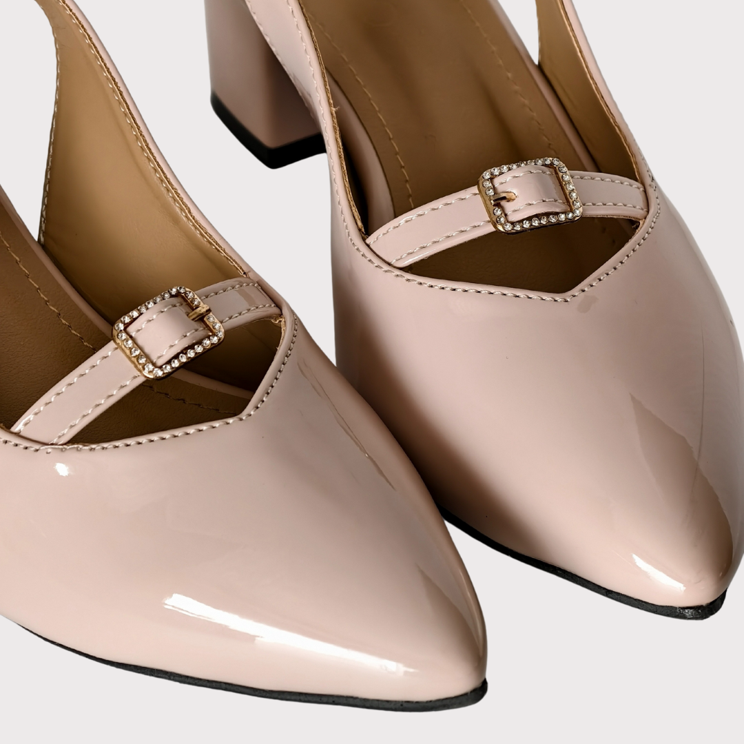 Glossy Nude Buckle Heels