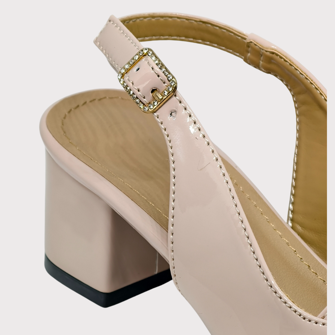 Glossy Nude Buckle Heels