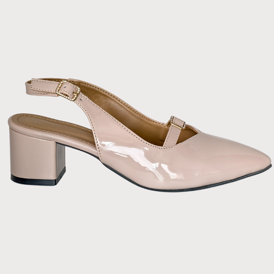 Glossy Nude Buckle Heels