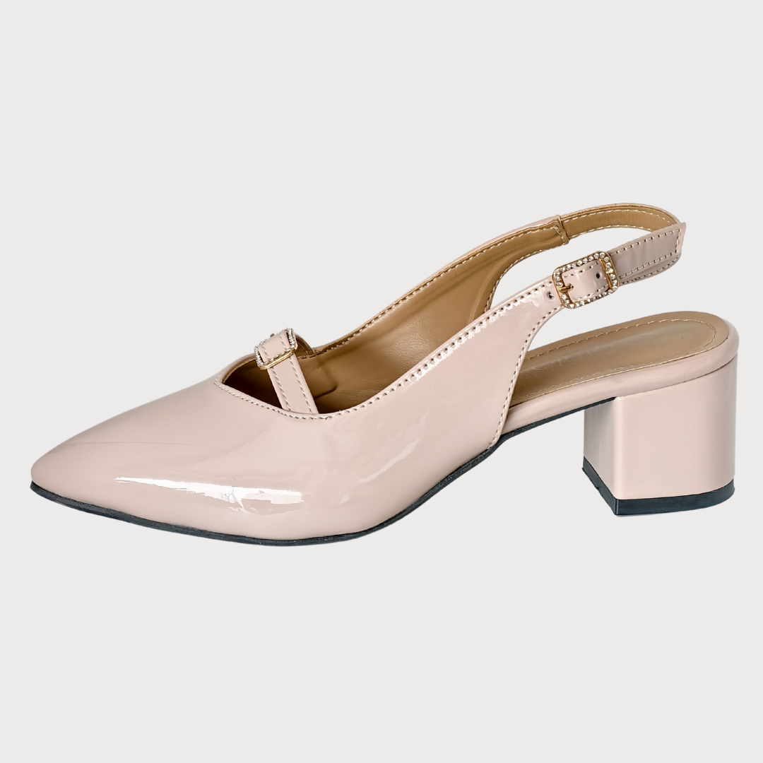 Glossy Nude Buckle Heels