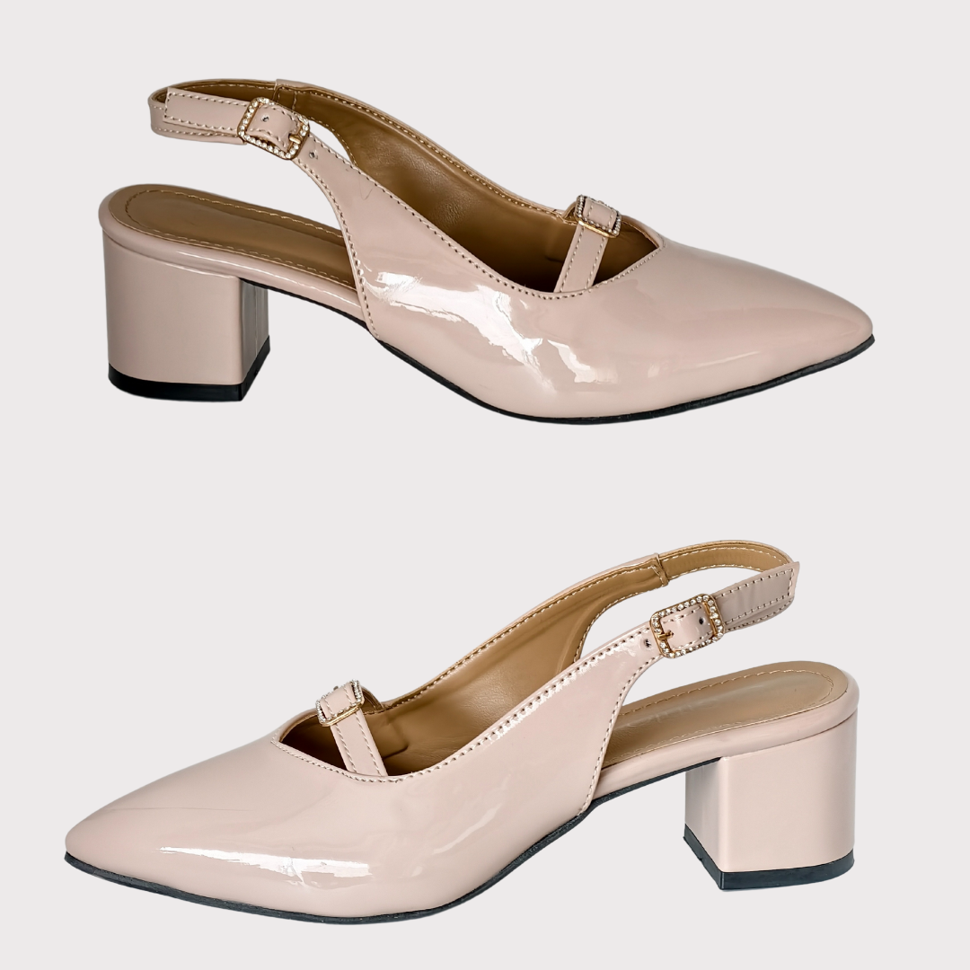Glossy Nude Buckle Heels