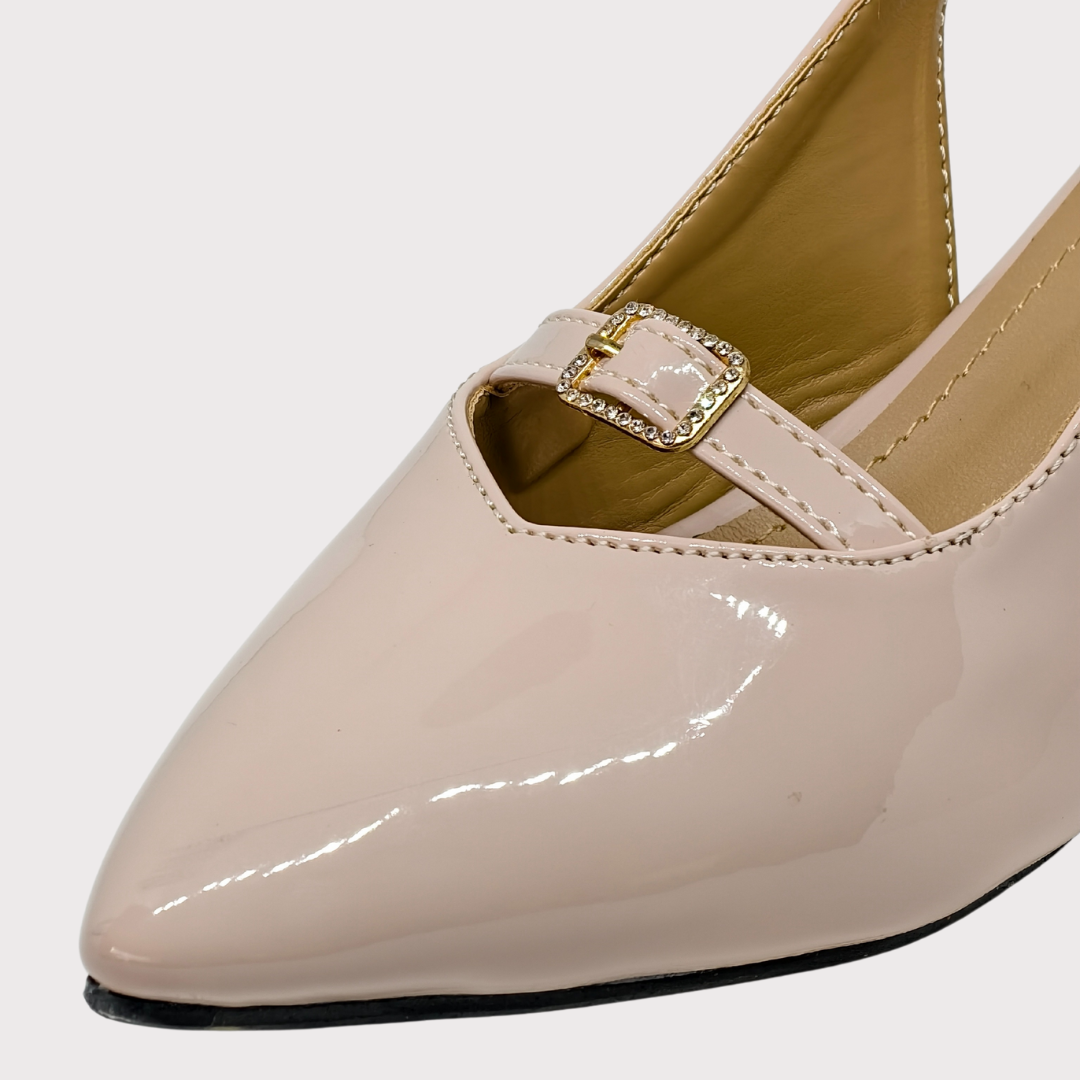 Glossy Nude Buckle Heels