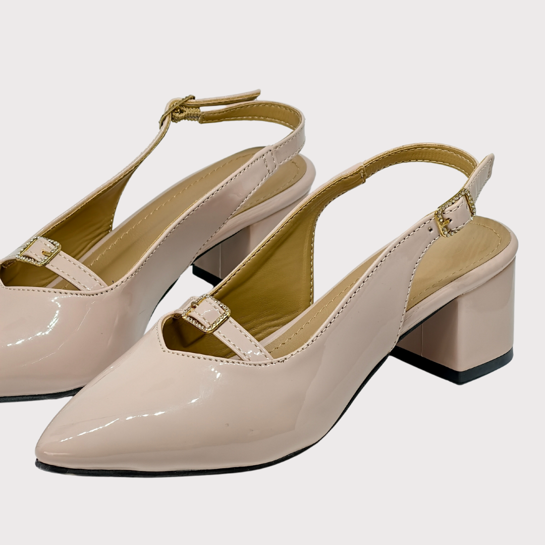 Glossy Nude Buckle Heels