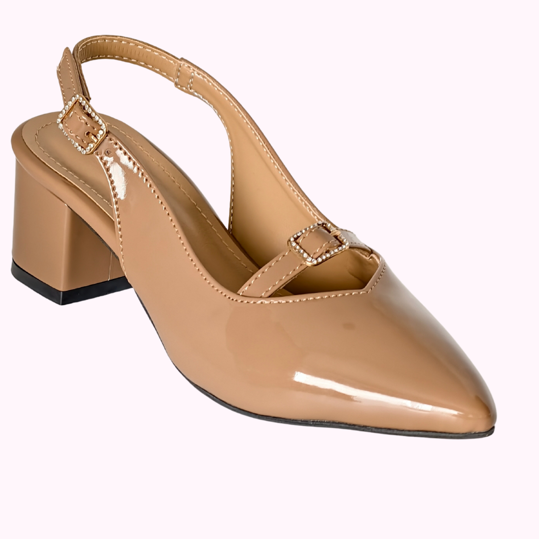 Glossy Beige Buckle Heels