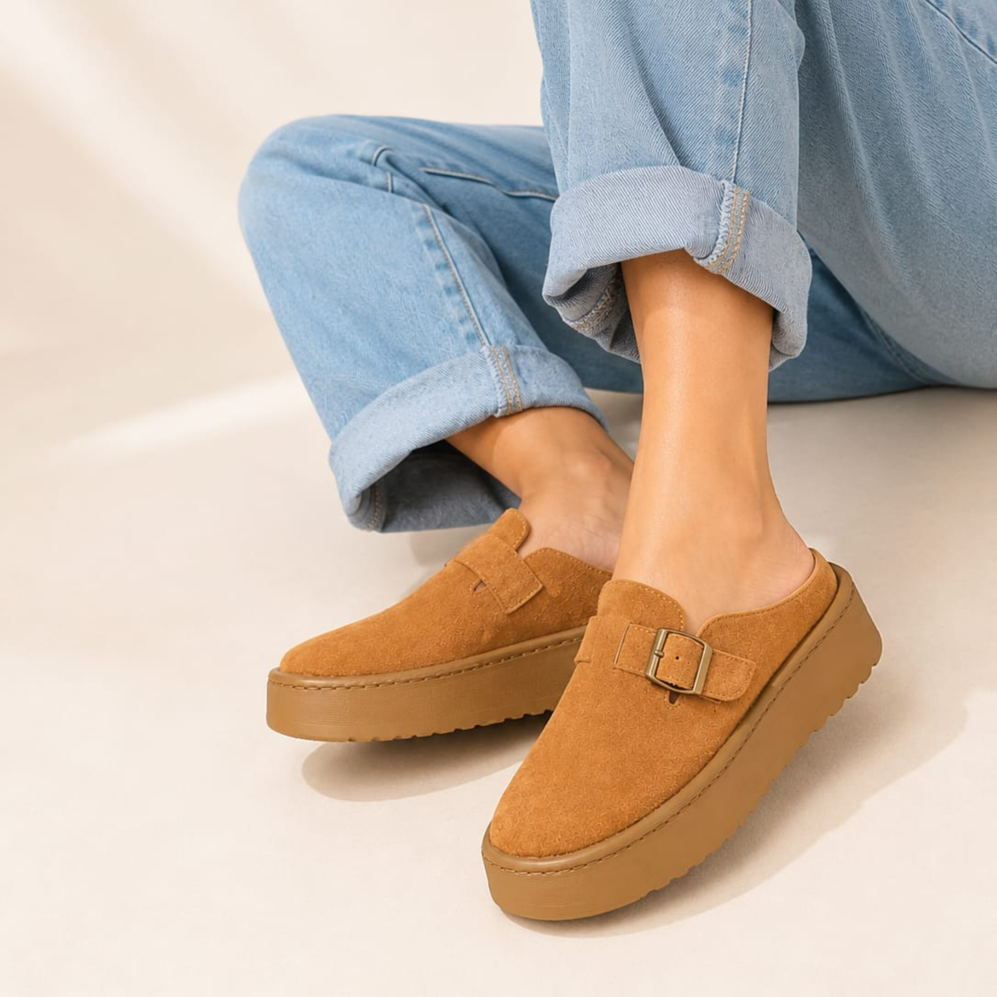 Lightweighted Brown Platform Mules