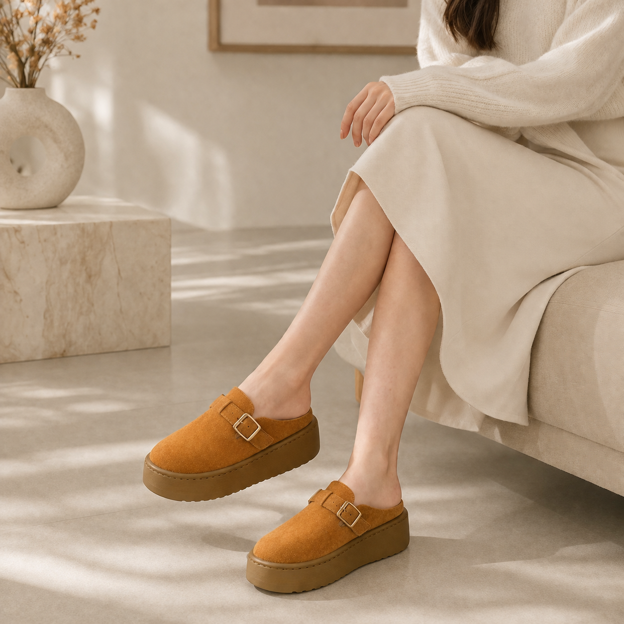 Lightweighted Brown Platform Mules