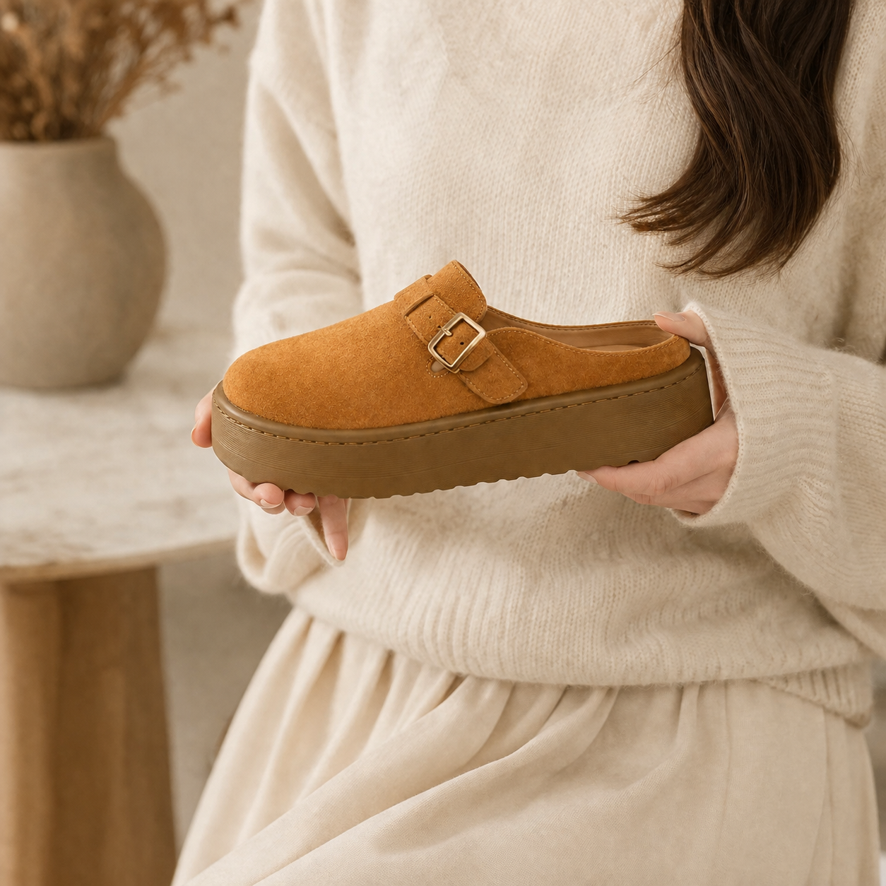 Lightweighted Brown Platform Mules