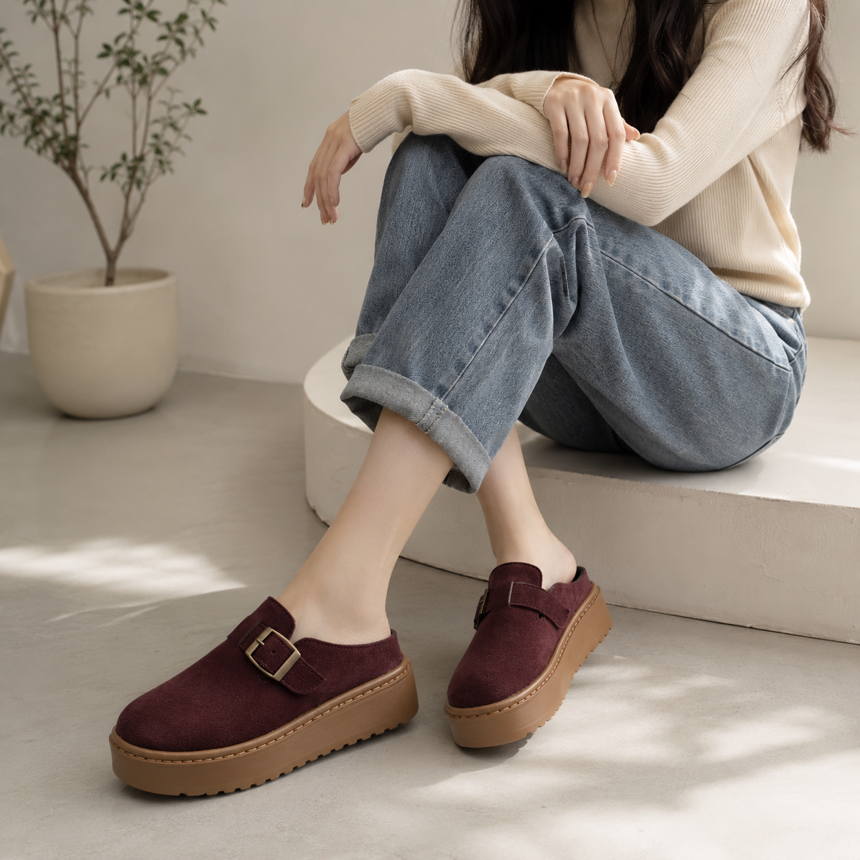 Lightweighted Maroon Platform Mules