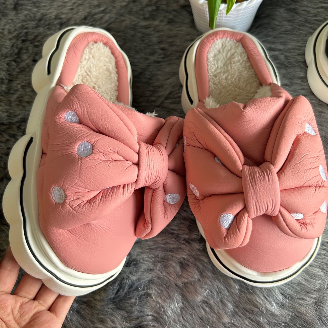 Polka Dotted Bow Fur Flip Flops